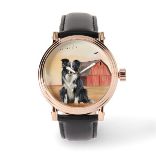 Montre Chien Border Collie et Ranch à grange rouge