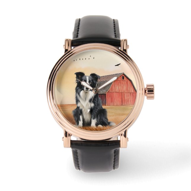 Montre Chien Border Collie et Ranch à grange rouge (Recto)