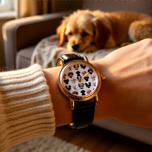 Montre Chien de caniche de Saint-Valentin | AMOUREUX DE L (Valentine Poodle Love Soft Pink, Black & Cream Watch)