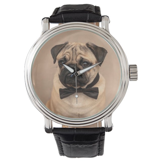 Montre Chien de Carlin avec Cravate de mâchoire. Horloge  (devant)