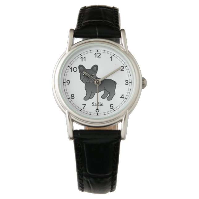 Montre Chien noir français Bulldog mignon Dessin et nom (devant)
