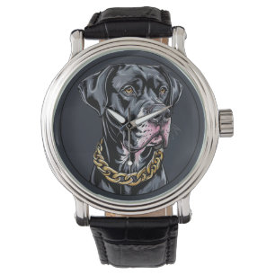 Montre Chien Noir Luxueux Avec Chaîne en Or