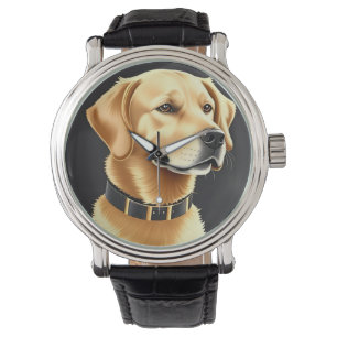 Montre Chien Retriever doré portant un collier en cuir