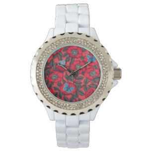 Montre Chien rose et papillons en rouge et bleu