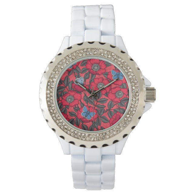 Montre Chien rose et papillons en rouge et bleu (devant)