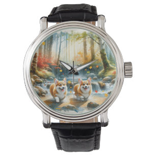 Montre Chiens De Corgi Dans Un Flux De Bois Aux Couleurs 