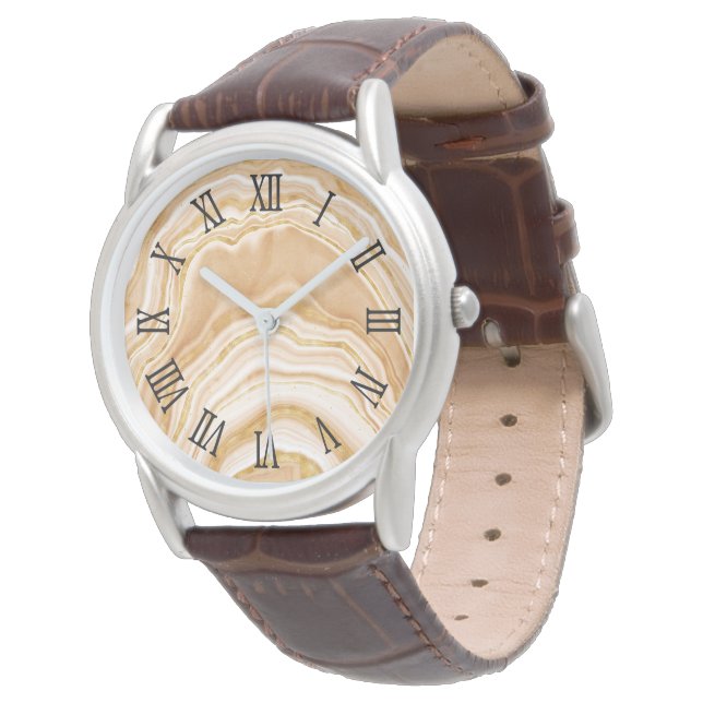 Montre Chiffres romains noirs Fausse Agate dorée (Incliné)