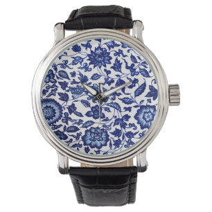 Montre Chinois bleu marine foncé motif floral sur blanc