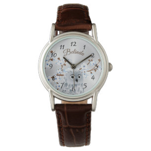 Montre Chouette Bleu Argent Fleurs de cerisiers Nombre Mo