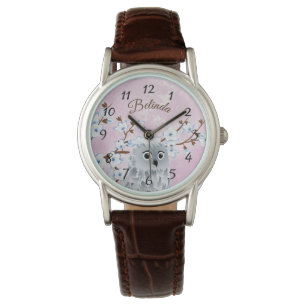 Montre Chouette Bleu rose Fleurs de cerisiers Numéros Mo