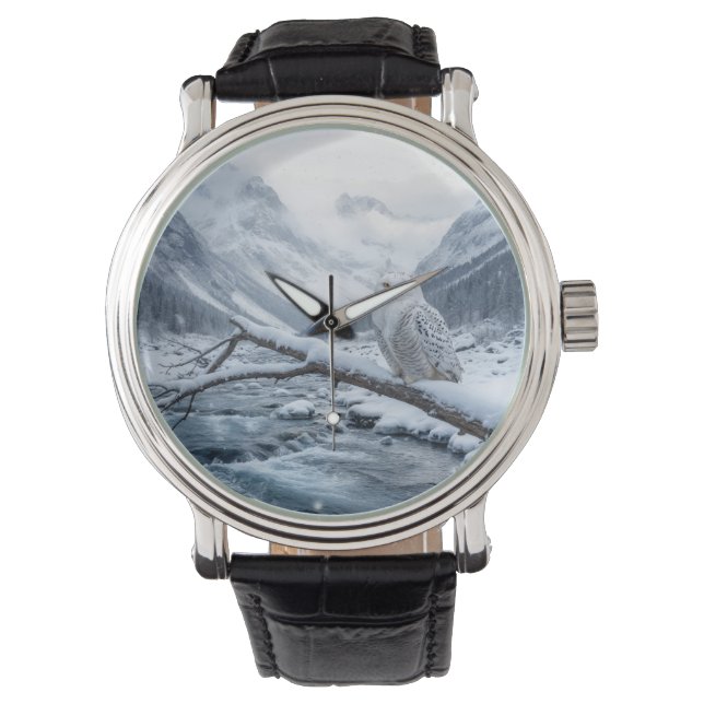 Montre Chouette des neiges sur une branche d'arbre d'hive (devant)