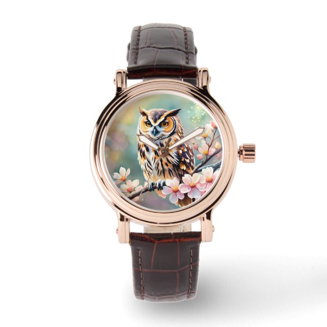 Montre Chouette du printemps, fleurs roses (Recto)