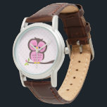 Montre Chouette rose<br><div class="desc">La montre élégante personnalisée présente une illustration vectorielle douce d'un hibou perché sur une branche d'arbre sur un arrière - plan motif pois. Babystar Design à l'adresse mygrafico.com</div>