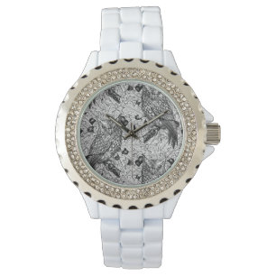 Montre Chouettes dans le chêne, noir et blanc