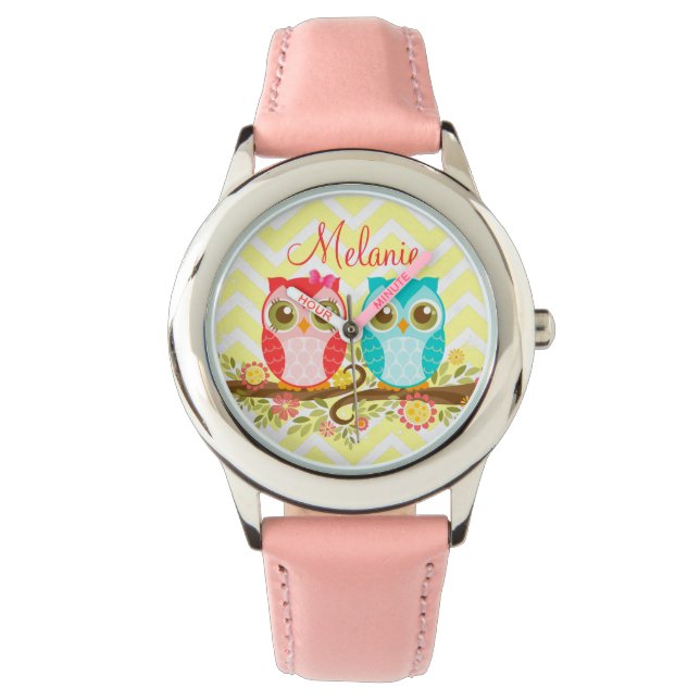 Montre Chouettes roses et bleues - Montre-poignet personn (devant)