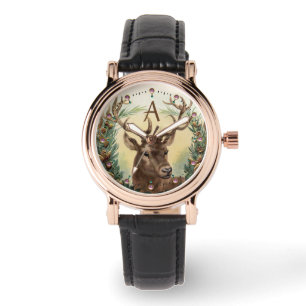 MONTRE CHRISTMAS DEER, PINE CONES COURONNE, GÈMES ROSES M