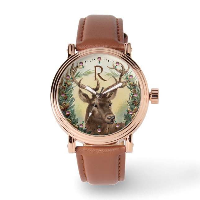 MONTRE CHRISTMAS DEER, PINE CONES COURONNE, GÈMES ROSES M (Recto)