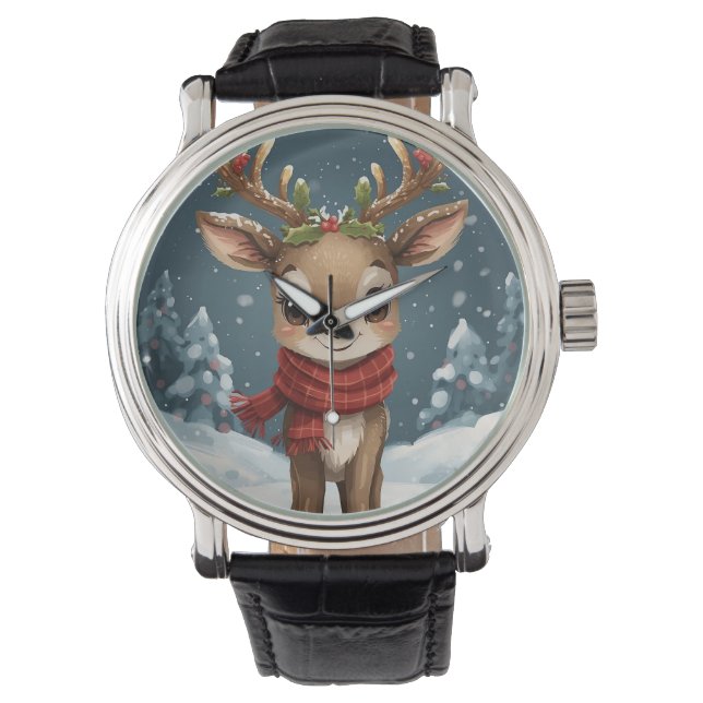 Montre christmas reinder engraved modern leather elegant  (devant)