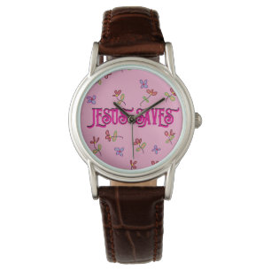 Montre Citation "Jesus Saves" avec imprimé floral sur ros
