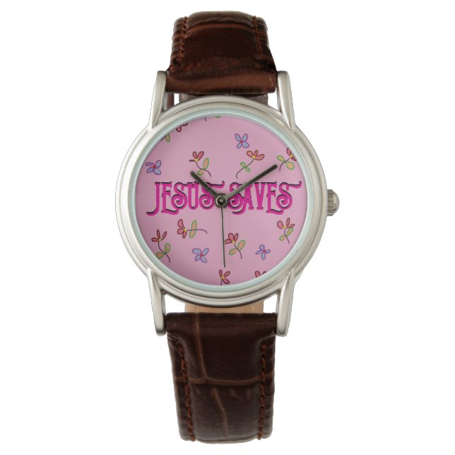 Montre Citation "Jesus Saves" avec imprimé floral sur ros (devant)