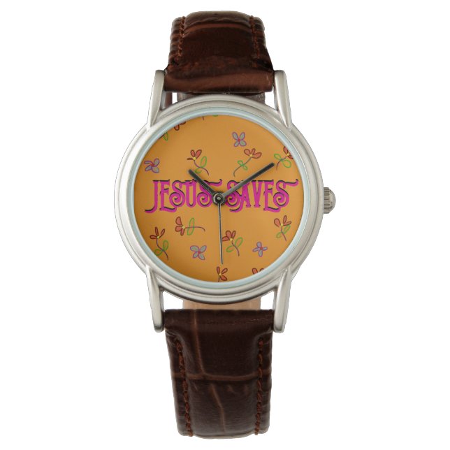 Montre Citation 'Jesus Saves' Impression Florale sur Fond (devant)