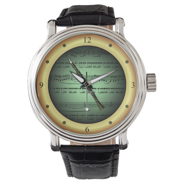 Montre Clarinette ~ Partition ~ Fond Vert/Or ~  (devant)