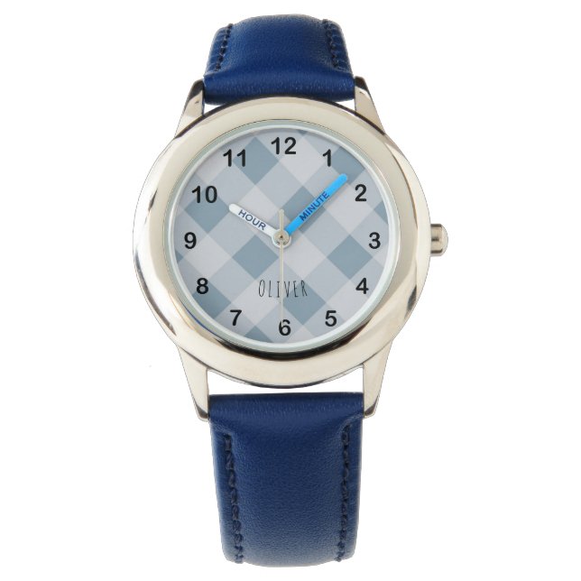 Montre Classique élégant bleu Gingham carreaux & nom pers (devant)