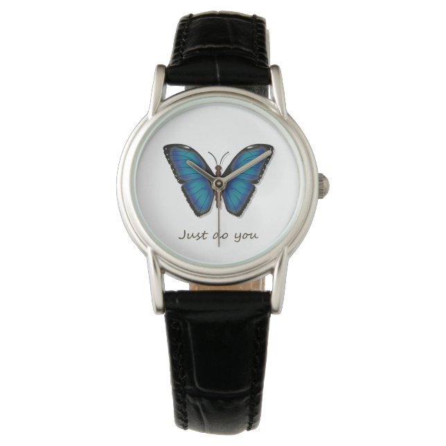 Montre classique en cuir bleu papillon (devant)