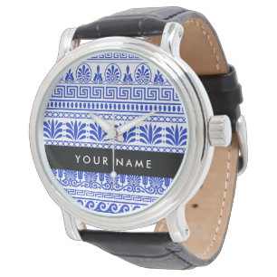 Montre Clé grecque, Méandre mixte, Bleu, Votre nom