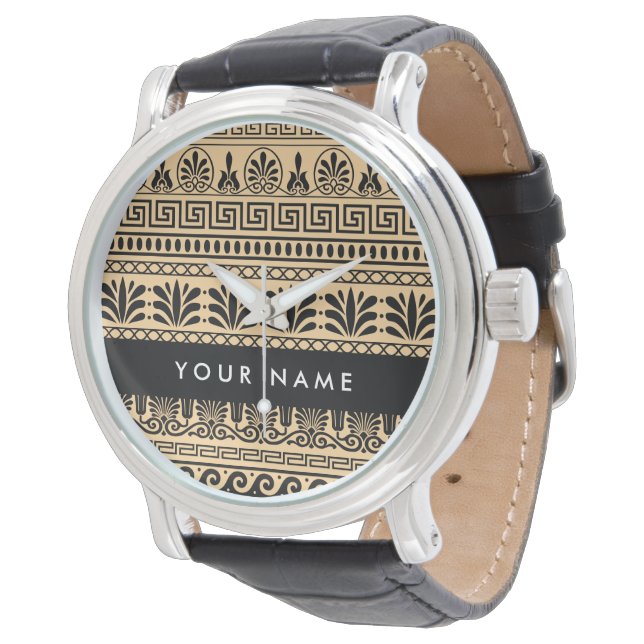 Montre Clé grecque, Méandre mixte, Marron, Votre nom (Incliné)