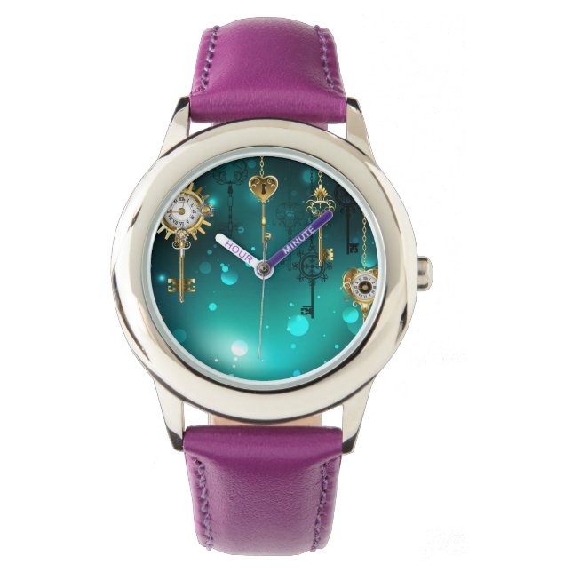 Montre Clés squelette antiques sur fond vert (devant)