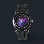 Montre Cluster de galaxie violette<br><div class="desc">Chiffres romains blancs sur une horloge face contre une image spatiale avec : Galaxy Cluster MACS J0717 grâce à la NASA et le programme Hubble.</div>
