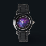 Montre Cluster de galaxie violette<br><div class="desc">Chiffres romains blancs sur une horloge face contre une image spatiale avec : Galaxy Cluster MACS J0717 grâce à la NASA et le programme Hubble.</div>