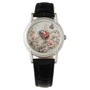 Montre Coccinelle Fleurs Roses Perles Papillon