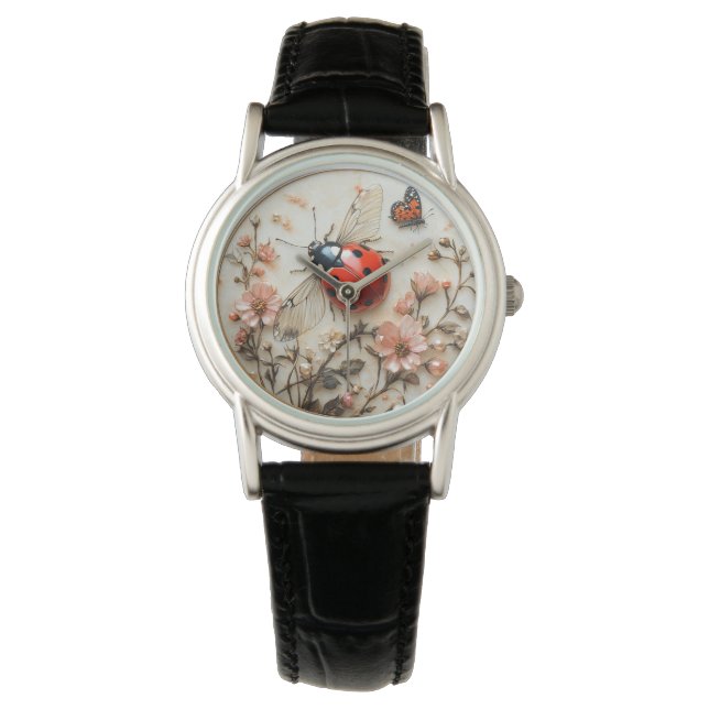 Montre Coccinelle Fleurs Roses Perles Papillon  (devant)