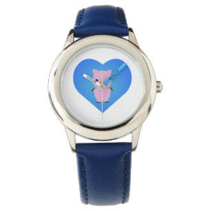 Montre Cochon adorable avec un coeur bleu dans l'Arrière
