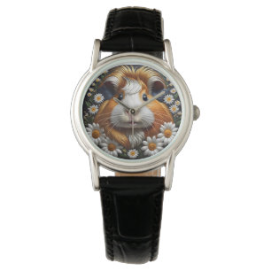 Montre Cochon de Guinée brodé avec marguerites