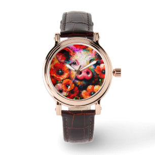 Montre Cochon impressionniste dans les fleurs de coquelic