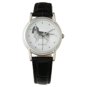 Montre Cocker Spaniel en noir et blanc & texte personnali
