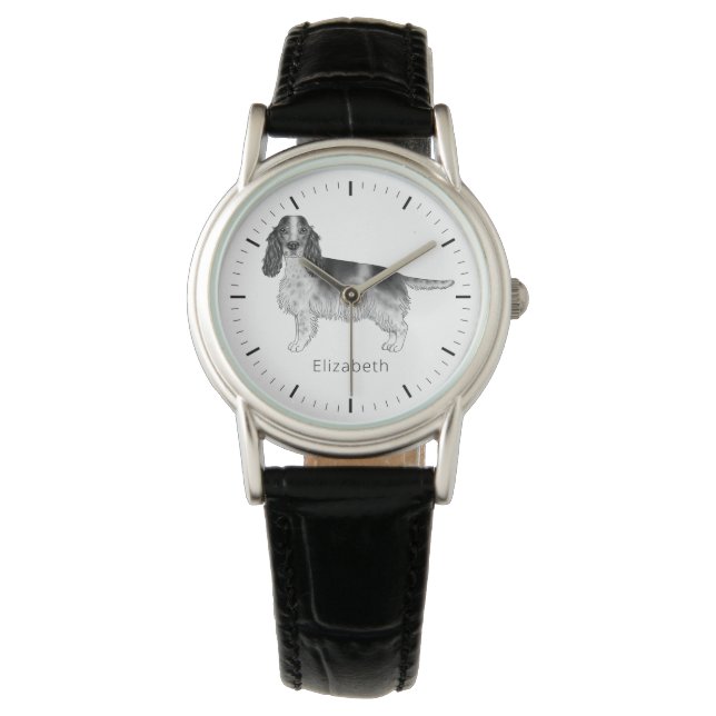 Montre Cocker Spaniel en noir et blanc & texte personnali (devant)