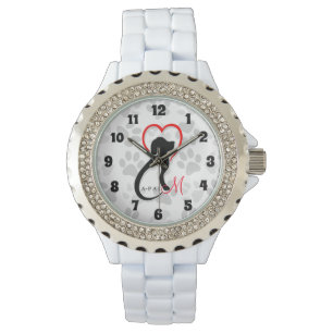 Montre Coeur de rouge de chat et de chien de monogramme