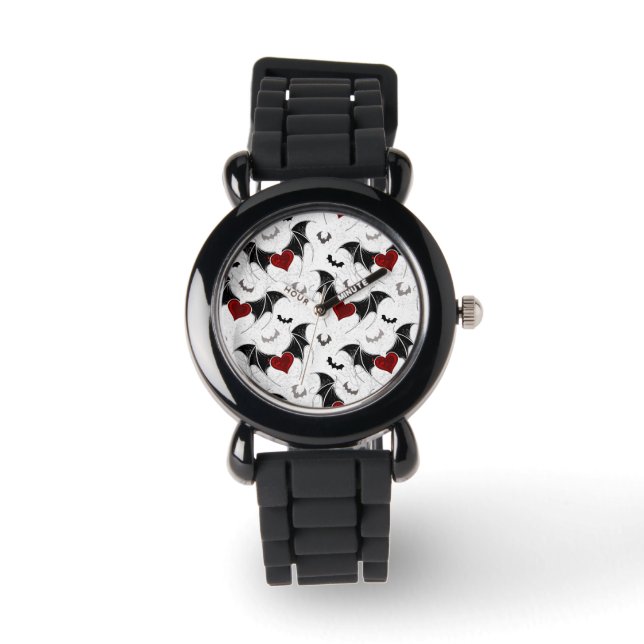 Montre Coeur d'Halloween avec ailes de chauve-souris noir (Recto)