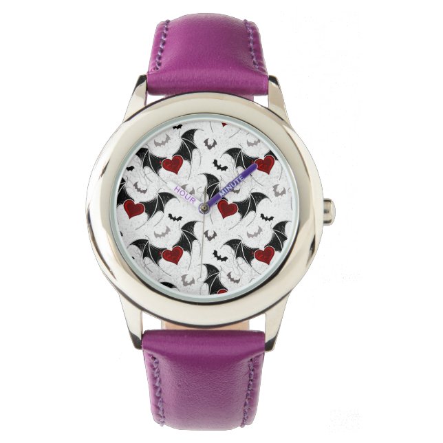 Montre Coeur d'Halloween avec ailes de chauve-souris noir (devant)