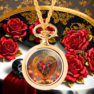 Montre Coeur d'or victorien aux roses rouges, vintage