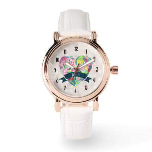 Montre Coeur mignon avec fleurs tropicales Personnalisé