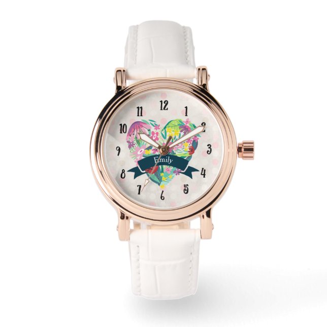 Montre Coeur mignon avec fleurs tropicales Personnalisé (Recto)