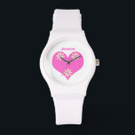 Montre Coeur rose et fleurs jaunes<br><div class="desc">Coeur blanc et rose vif avec 3 fleurs jaunes et violettes avec un nom d'échantillon personnalisable pour personnaliser</div>