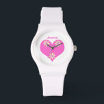 Montre Coeur rose et fleurs jaunes<br><div class="desc">Coeur blanc et rose vif avec 3 fleurs jaunes et violettes avec un nom d'échantillon personnalisable pour personnaliser</div>
