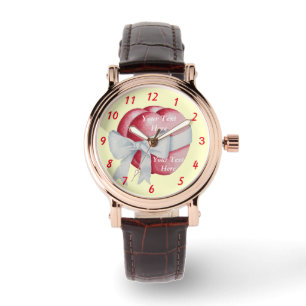 Montre coeur rouge attaché avec ruban blanc arc romantiqu