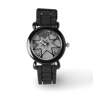 Montre Coeurs et étoiles en argent et noir